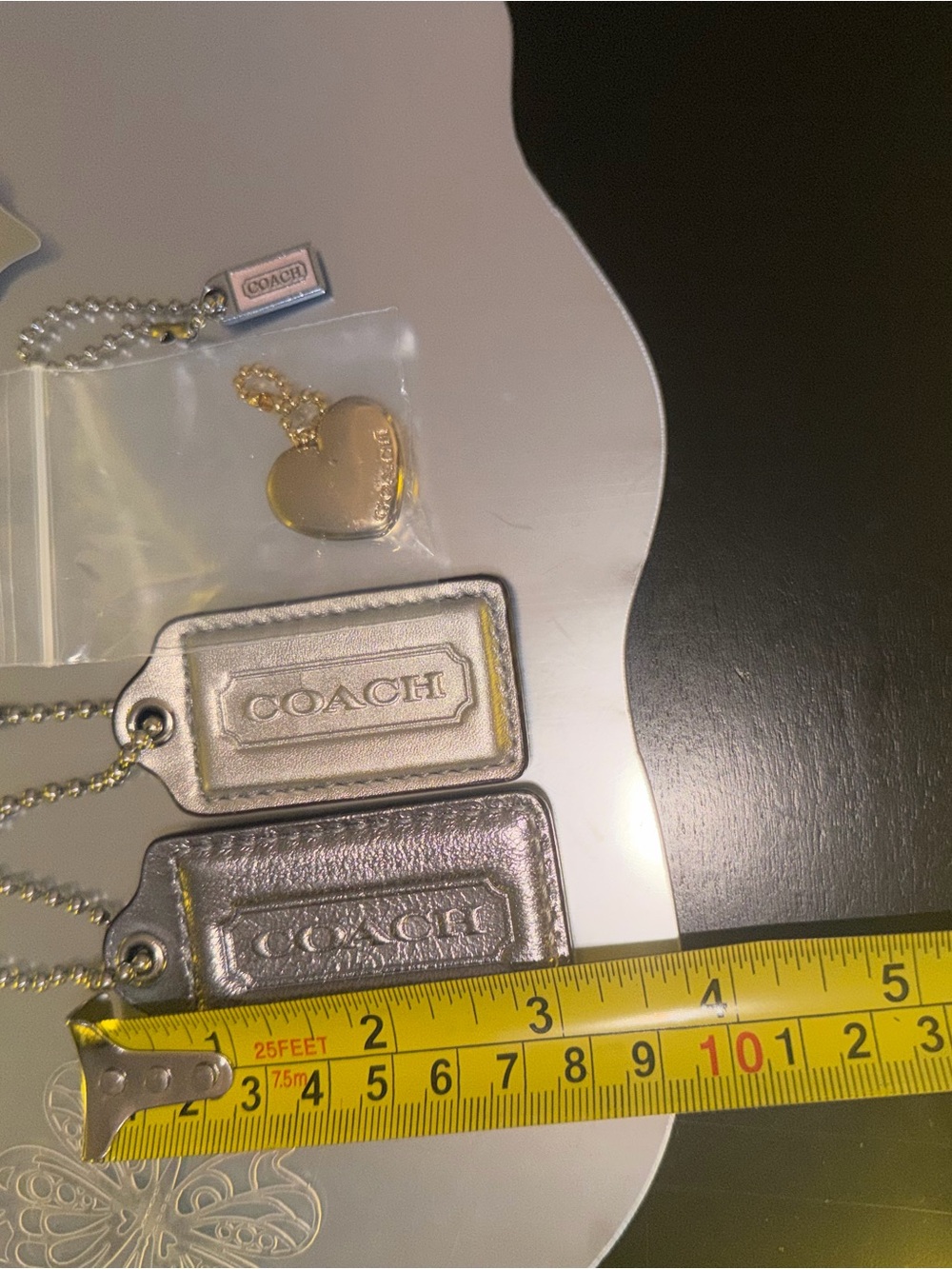 Coach Metallic Silver Leather Tag with Heart Charm includes xl coach tag 4 piece